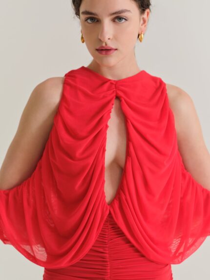 Mini ντραπέ φόρεμα ντεκολτέ GAIA κόκκινο για χριστουγεννιάτικες εμφανίσεις SVARANA